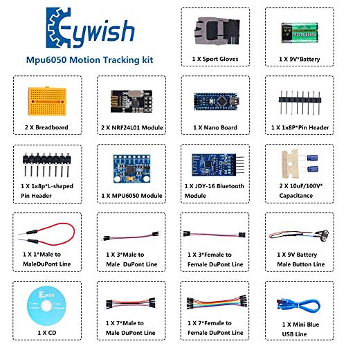 Keywish Gesture-Motion Starter Kit for Arduino Nano V3.0 Support Robot Smart Car with MPU6050 6 Axis Accelerometer Gyroscope Module,NRF24L01+ Wireless Module,Bluetooth Module
