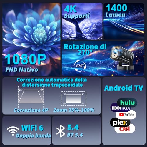 FHD 1080P Projector [2026 Upgraded] Portable Mini Projector 4K with Bluetooth 5.4 WiFi 6 Projector TV Car Keystone Video Projector with HDMI/Phone/USB/TV Stick/Laptopcon HDMI Cable & Mouse,Black