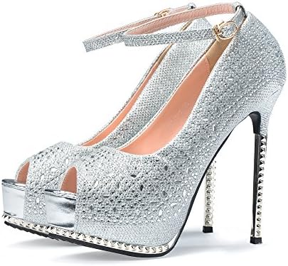 CHEERDRESS Platform Pumps Shoes Women Stilettos Wedding Evening Party Sexy High Heels (10, Silver-Back Strap)