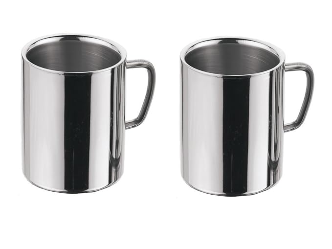 King International Stainless Steel Double Wall Heavy Cappuccino Coffee Mug, Silver, 2 Piece