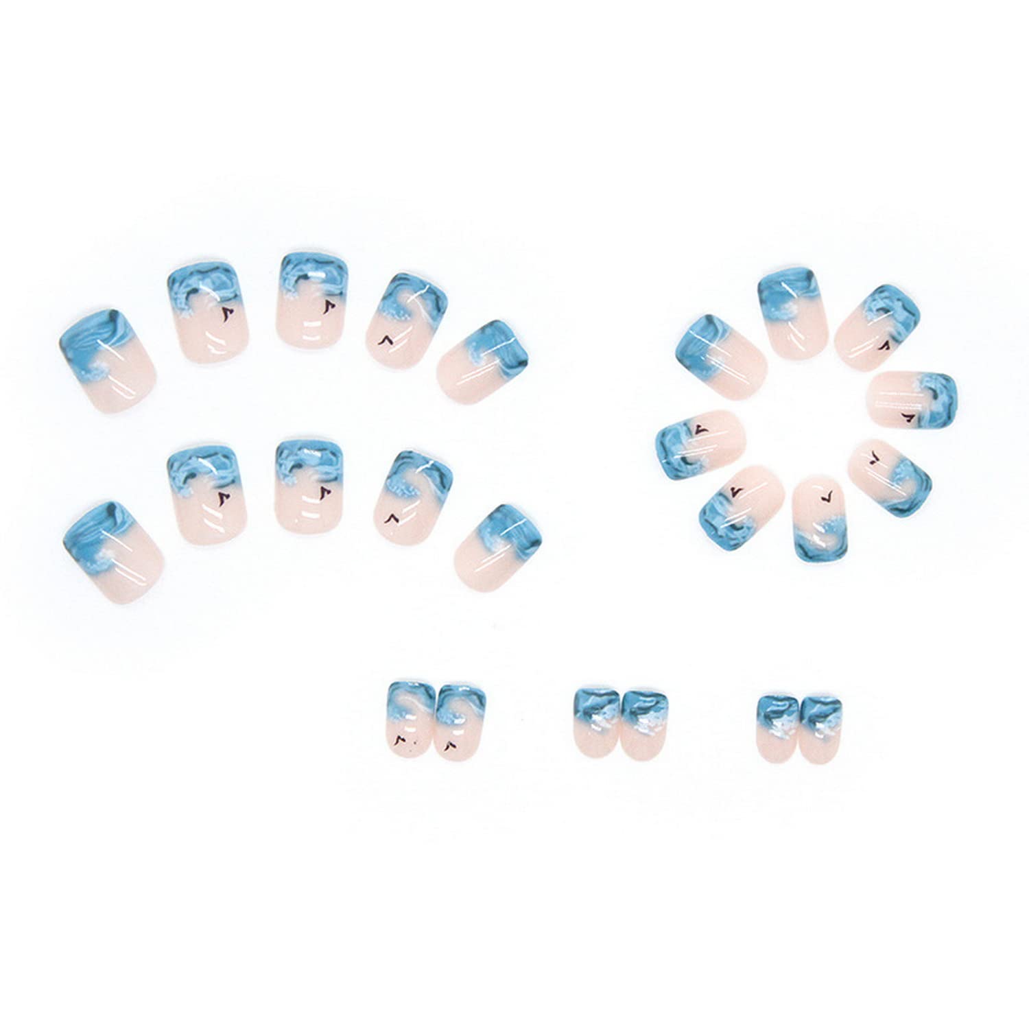 24Pcs Summer Press on Nails Short Blue Fake Nails Sea Wave French Tip Designs Square Acrylic Nails Nude Glossy Glue on Nails Extra Short Artificial Nails for Women Girls Holiday Nail Decorations - Image 2