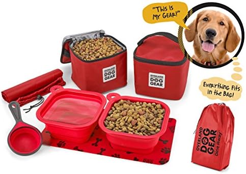 Dog Travel Food Set for Medium + Large Dogs (Red) - 7 Pieces Including Collapsible Bowls, Carriers, Scooper, Place Mat, Bag