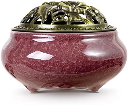 UINSOO Ceramic Incense Burner (For Sticks, Cones or Coils Incense) with Fireproof Cotton (ice cracked red blood)