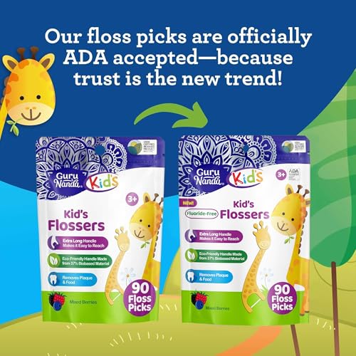 GURUNANDA DENTAL FLOSS PICKS FOR KIDS, EXTRA-LONG GIRAFFE-SHAPED PICKS, FLUORIDE-FREE, ANTI-SLIP & SHRED-RESISTANT DESIGN & ECO-FRIENDLY HANDLE & BERRY FLAVOR, IDEAL FOR AGES 3+, 90 COUNT (PACK OF 1)