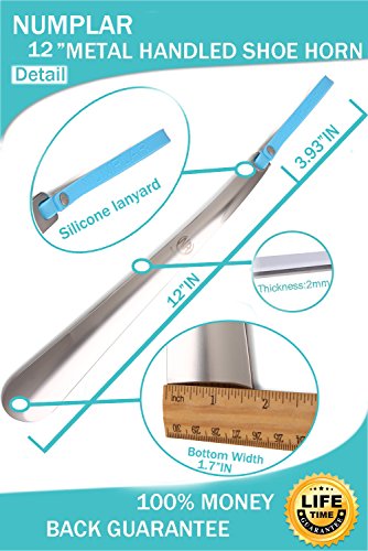 Metal Shoe Horn, Long Handled Shoehorn for Men, Women, Kids, Seniors, Pregnancy, Boots and Shoes, Heavy Duty Stainless Steel with Silicone Lanyard (Blue), 12 Inch (Pack of 1)