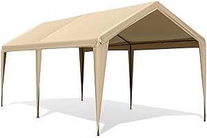 Gardesol Carport, 10' X 20' Heavy Duty Car Canopy with Powder-Coated Steel Frame, Easy to Assemble Portable Garage for Car, Boat, Party Tent with 180g PE Tarp for Wedding, Garden, 6 Legs, Beige