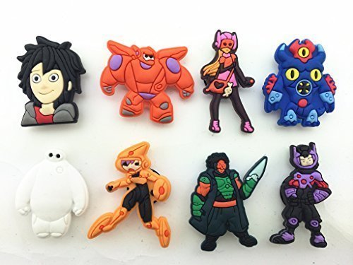 8pcs Big Hero 6 (Hiro Baymax Fred) Shoe Charms for Croc Fits Shoes & Wristband Bracelet
