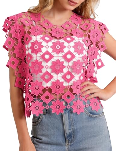 Flygo Womens Hollow Out Floral Lace Vest Cropped Embroideried Summer Crochet Coverup 2026 Trendy Bl…