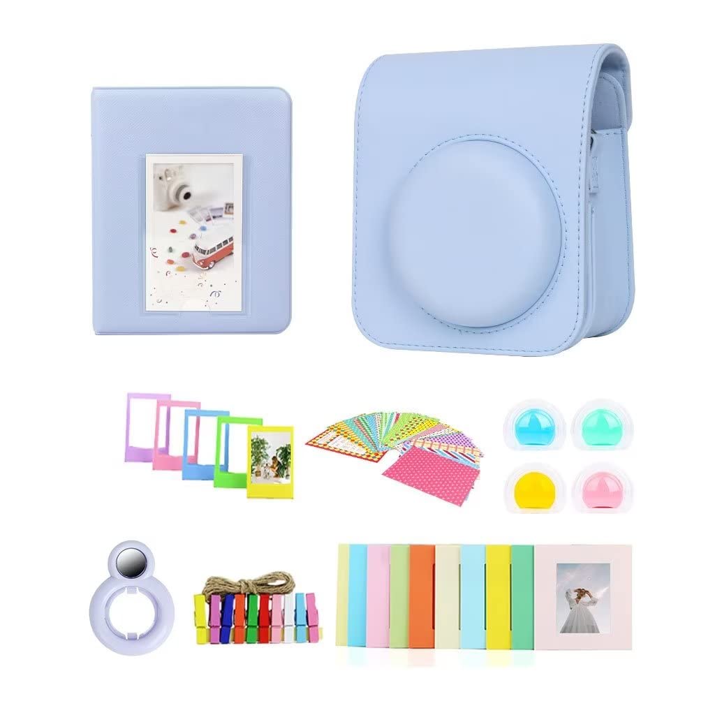 Berfea Protective Camera Case Compatible with Fujifilm Instax Mini 12 Instant Camera Accessories Kits Shoulder Bag with Book Album/Stickers/Colored Filter/Wall Decor Frame/Selfie Lens
