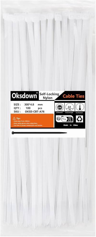 Oksdown White Cable Ties 300mm 4.8mm 22kg 100 Pack Heavy Duty Nylon