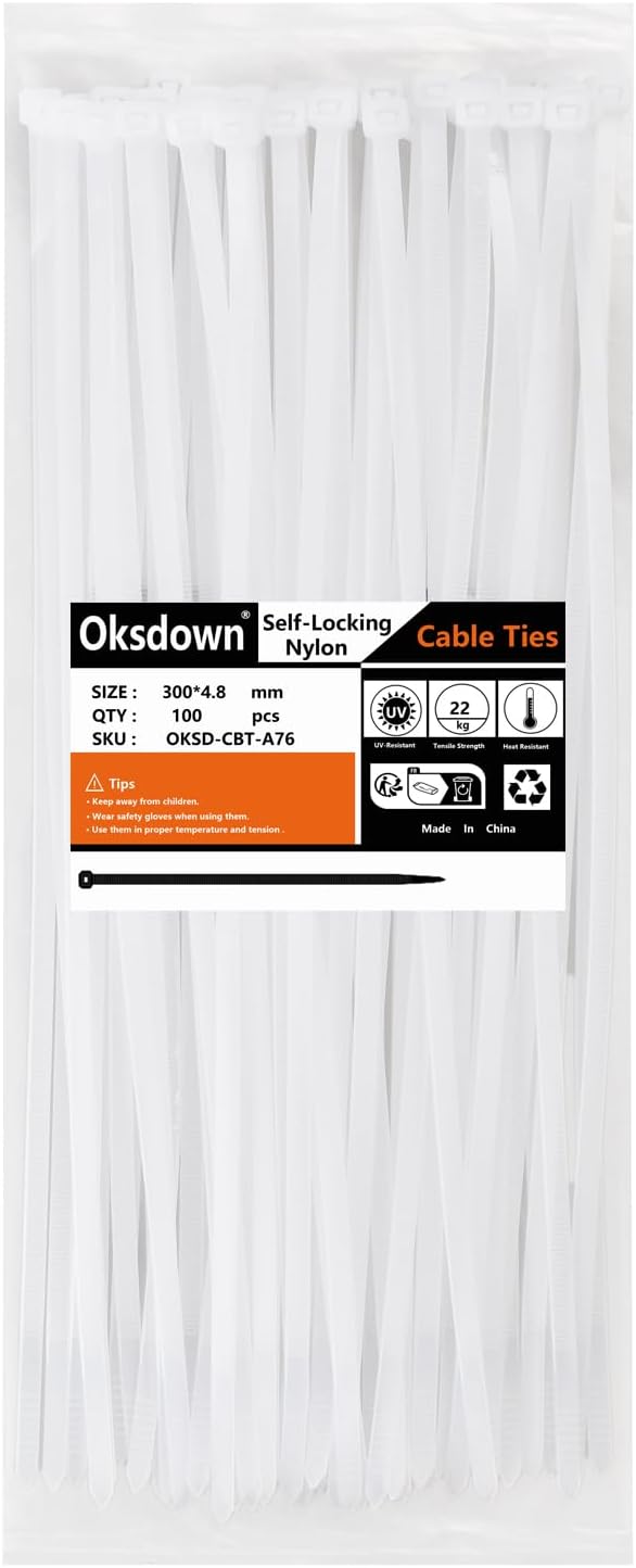 Oksdown White Cable Ties 300mm 4.8mm 22kg 100 Pack Heavy Duty Nylon