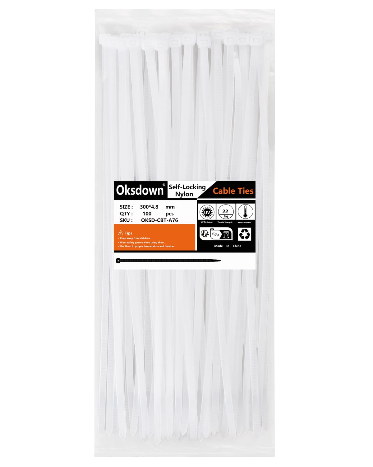 Oksdown 100 Pack White Thick Cable Ties Heavy Duty Large 300mm×4.8mm Strong Nylon Plastic Self Locking 12 inch/30 cm Clear Extra Long Zip Tie Wraps