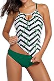 Vsecrety Women's Strappy Banded Printed Tankini Top with Triangle Briefs Swimsuit(Green,Medium)