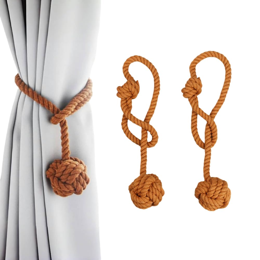 Himtop A Pair of Curtain Rope Tiebacks Hand Knitting Curtain Tie Back with Ball for Home Decoration (2PCS light brown)
