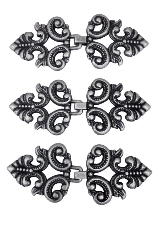 Pack of 3 Metal Clasps Decorative Clasp Antique Silver for Sew-On Coat Gown Cape 60 mm x 25 mm