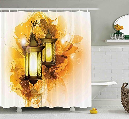 Arabesque Shower Curtain, Urban Ramadan Kareem Lanterns Antique Islamic Culture Figure Paintbrush Image, Fabric Bathroom Decor Set with Hooks, Light Coffee