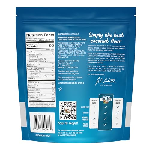 NATURE’S EATS COCONUT FLOUR 32 OZ – 100% ORGANIC FINE COCONUT FLOUR – GLUTEN FREE, KETO, VEGAN BAKING INGREDIENT – NON-GMO, HIGH FIBER – GRAIN FREE FLOUR SUBSTITUTE FOR HEALTHY RECIPES