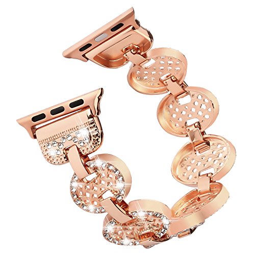 Fohuas Compatible for Apple Watch Band 38mm 40mm, Adjustable Stainless Steel Iwatch Bracelet with Bling Diamond Replacement Strap for Apple Watch Series 4 3 2 1, Sports, Edition, Nike+, Rose Gold