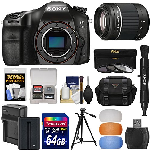 Sony Alpha A68 Digital SLR Camera Body with 55-200mm DT Lens + 64GB Card + Battery & Charger + Case + Tripod + 3 Filters + Kit