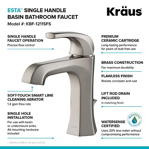KRAUS Esta Single Handle Basin Bathroom Faucet with Lift Rod Drain in Spot Free Stainless Steel, KBF-1211SFS - Thumbnail 6