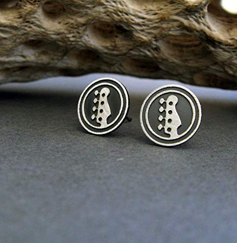 Bass Guitar Stud Earrings Brushed Sterling Silver Handmade in USA