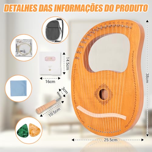 Harpa de Lira 16 Cordas em Madeira de Mogno com Bolsa, Cordas e Manual de Instruções