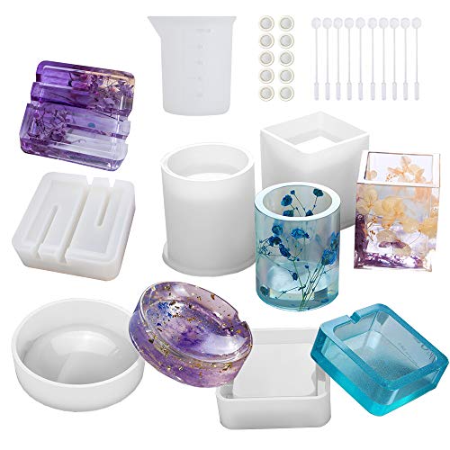 Resin Molds for Daily Necessities,5 Pack Silicone Molds Kit for Casting Epoxy Resin UV Resin,Include Ashtray, Brush Pot,Phone Holder Molds,with Resin Mixing and Measuring Tools