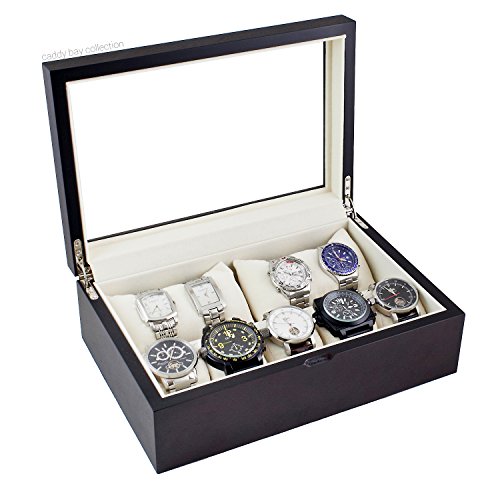 Caddy Bay Collection Wood Watch Case Holds 10+ Watches Black Walnut Finish with Glass Top Lid and High Clearance for Large Watches Caddy Bay Collection Wood Watch Case Holds 10+ Watches Black Walnut Finish with Glass Top Lid and High Clearance for Large Watches