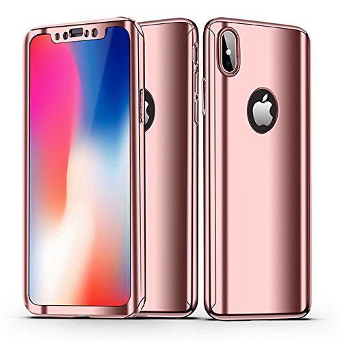 Leagway iPhone X Case Cover, Ultra Slim 360 Degree Full Body Protection 3 IN 1 Anti-Scratch Plating Mirror Case Skin With Tempered Glass Screen + Hard PC Protector for Apple iPhone X / 10 (Rose Gold)
