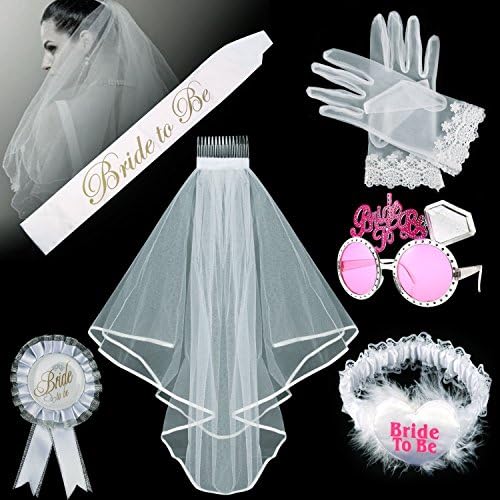 Foonii 6PCS Bride To Be Decoration Kit, Bride To Be Bridal Veil with Comb , Satin Sash, Glasses, White Gloves, Bridal Badge Brooch and Garter, For Bachelorette Party Decorations Supplies