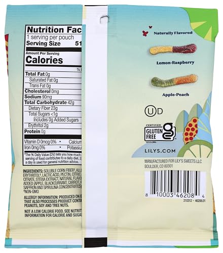 LILY’S NO SUGAR ADDED SOUR GUMMY WORMS TART ‘N TASTY FRUIT FLAVORS PEG BAG, 1.8 OZ