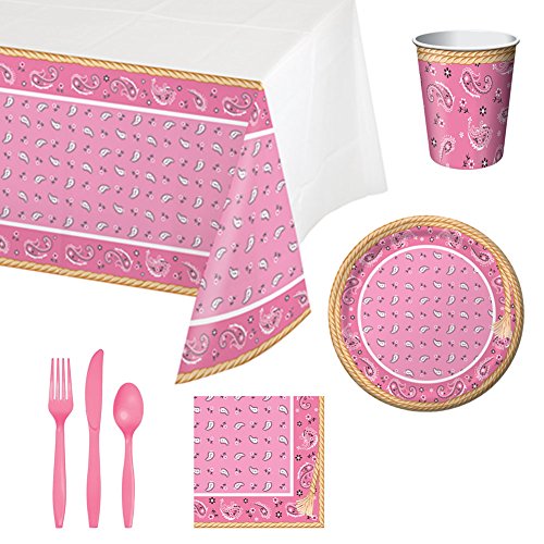 Pink Bandana Cowgirl Tableware Party Bundle for 16: Includes Plates, Napkins, Cups, Tablecover, and Cutlery