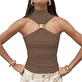 GCZREN Women Sexy Halter Neck Pleated Twist Front Tank Tops Trendy Slim Fit Sleeveless Hollow Out Halter Top Clubwear