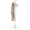 Sywhitta Coat Rack Stand, Wooden Freestanding Coat Rack with 8 Hooks, Easy Installation Clothes Hanger Stand for Clothes,Coats,Skirts,Used in Entryway,Hallway,Bedroom, White