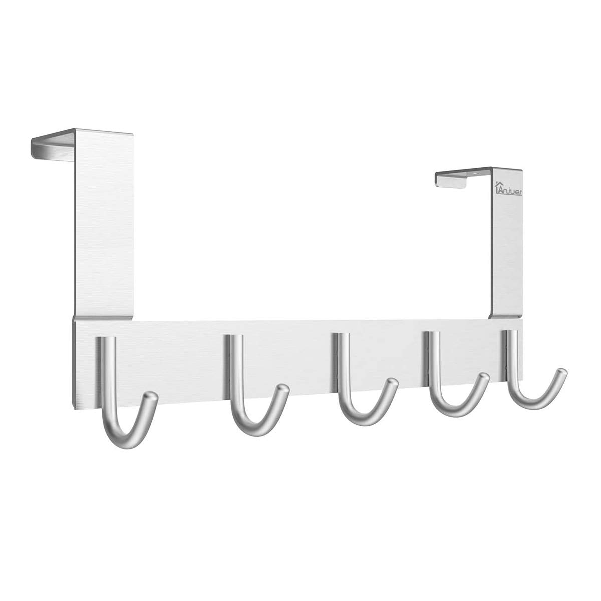Anjuer Door Hooks Hanger Rack, Aluminum Utility Organizer Towel Hooks Holder for Kithchen Bathroom, 5 Hooks Over The Door Hanger Silver