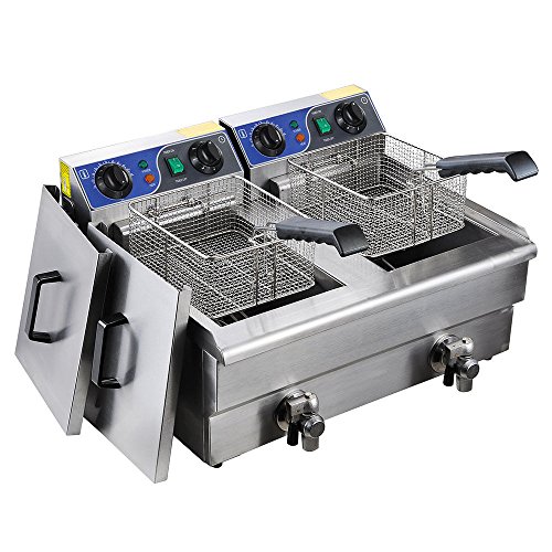 masaa 23.4LFryer Deep Commercial Electric Restaurant Countertop Tank Dual Basket Steel w/Timer and Drain Fast Food French Fry Electric