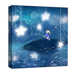 Canvas Wall Art Star Night Dream Ocean Painting Artwork for Home Decor Framed for Children - 12x12 inches