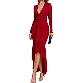 GLNEGE Long Sleeve Fall Wedding Guest Formal Dresses V Neck Ruffles Ruched Cocktail Bodycon Midi Dress for Women