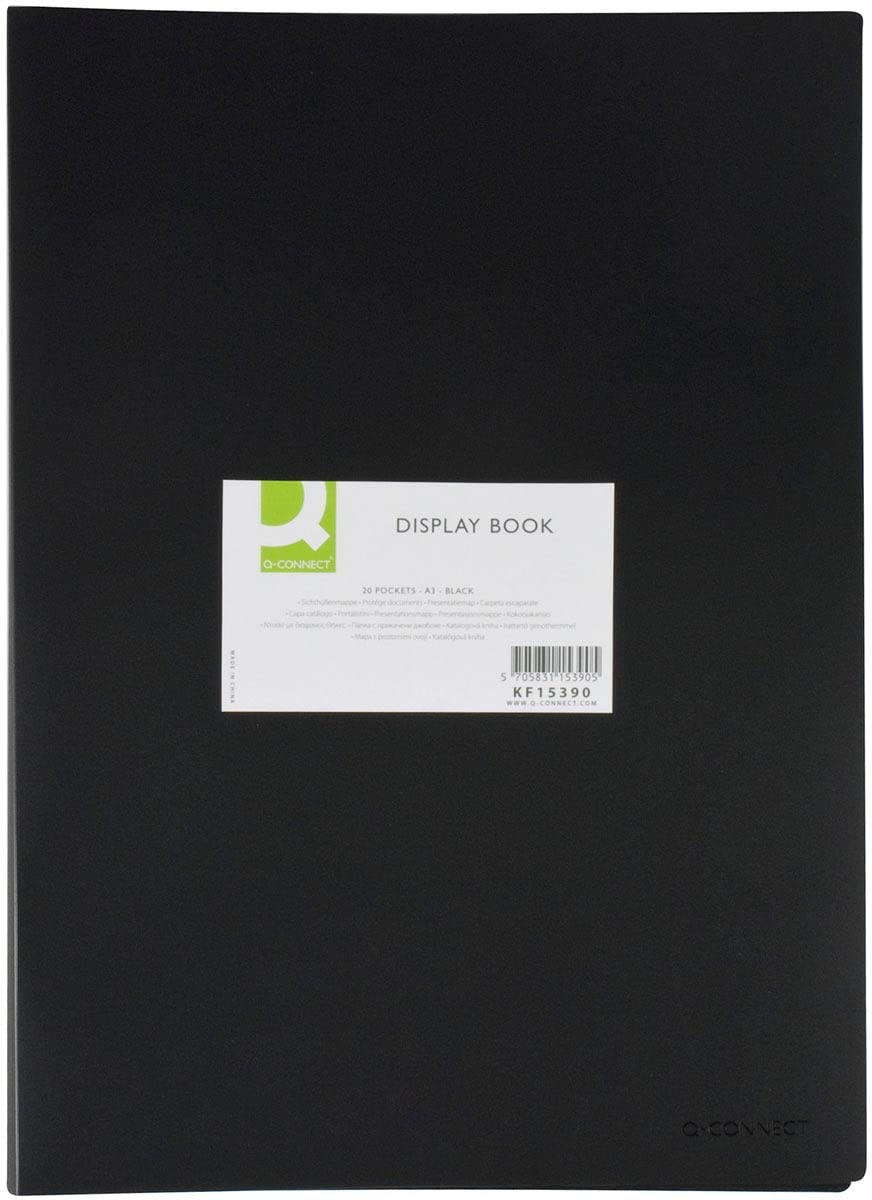 Display Book Q-CONNECT with Front Cover Pocket PP A3 380 Micron 20 Pockets Black/Document Archiving/Type-20 Pockets/Kind-Top Open Pockets/Index-N.a. / Pockets-N.a. / Material-PP