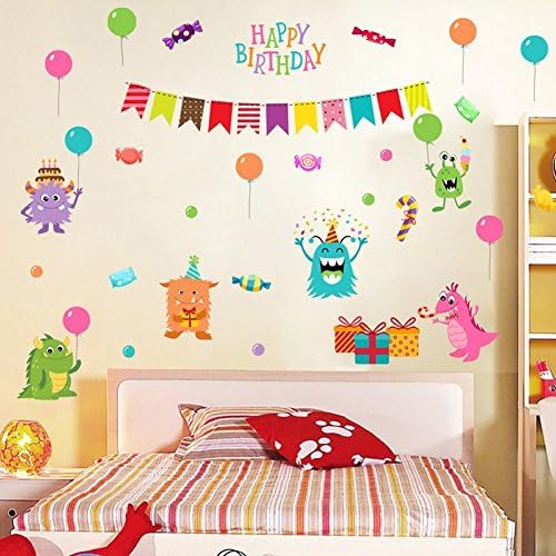 FEEJ Happy Birthday Party Little Monster and Gifts Colorful Airballoon Wall Decals Playing Games -Removable Wall Art Stickers Home Decor for Children's Room Nursery