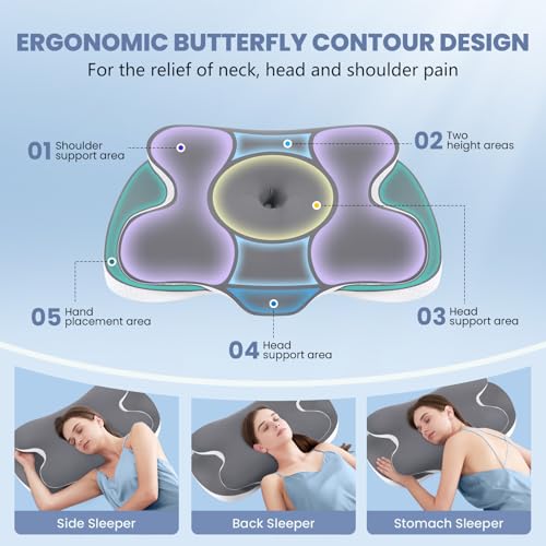A-Pce Memory Foam Pillow for Neck and Shoulder Pain–Orthopedic Cervical Pillow,Queen Size 65*39CM, Medium Firm Support,Removable & Machine Washable Ice Silk Cover for Side/Back/Stomach Sleepers–Gray
