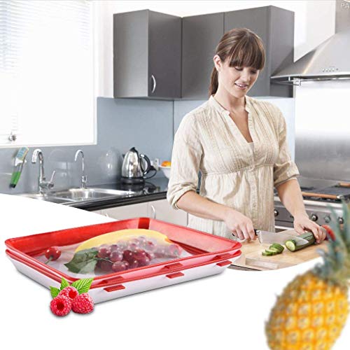 Cadrim Food Preservation Tray, Stackable BPA Free Plastic Food Storage Container with Elastic Reusable Locking Lid for Refrigerator and Freezer (Red, 2)