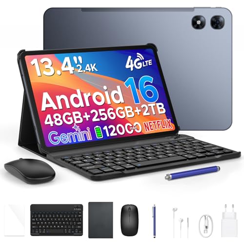 POPUX P13 Pro Tablet 13 Inches, IPS 2.4K, 120Hz,T7280 Octa-Core, 48GB+256GB(TF 2TB), 12000mAh/18W, 16MP+8MP, 4G LTE, Gemini AI Tablet Android 16, Face ID/WiFi5/GPS/FM/Tablet with Keyboard and Pen