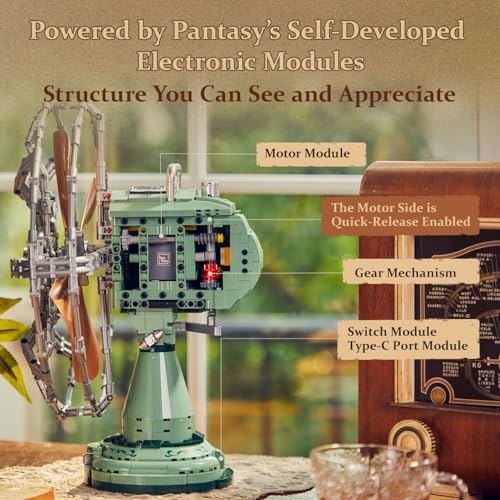 PANTASY Vintage Desk Fan Building Set, Mechanical Oscillating Motorized Brick Fan, Retro Green Desk Decoration Object Collectible for Adults