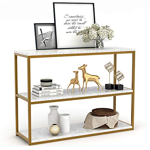 Tribesigns 3-Tier Console Table, Sofa Entry Table with Gold Metal Frame for Home, Creamy White