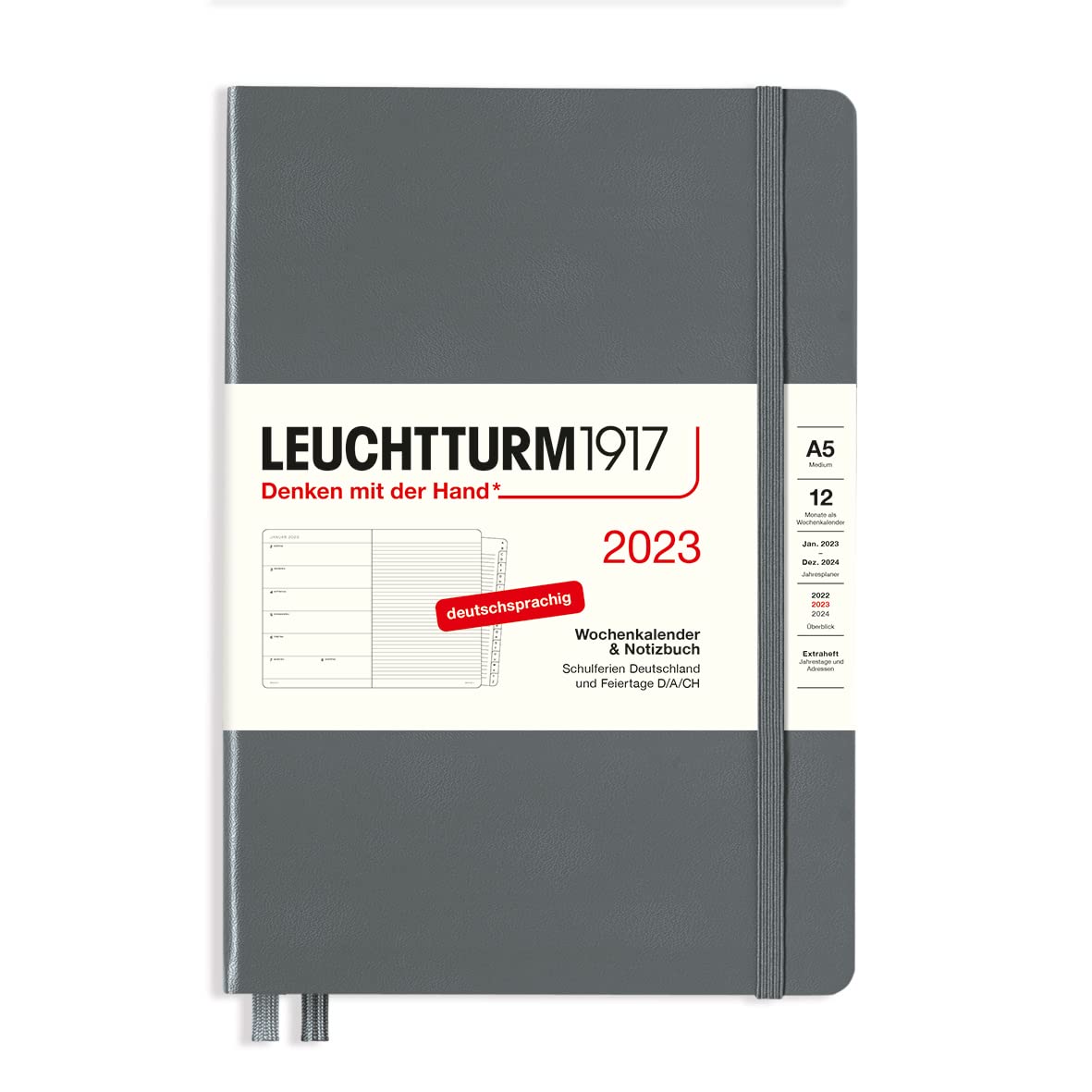 LEUCHTTURM1917 365675 Weekly Calendar & Notebook Medium (A5) 2023, 12 Months, Anthracite, German — image 1