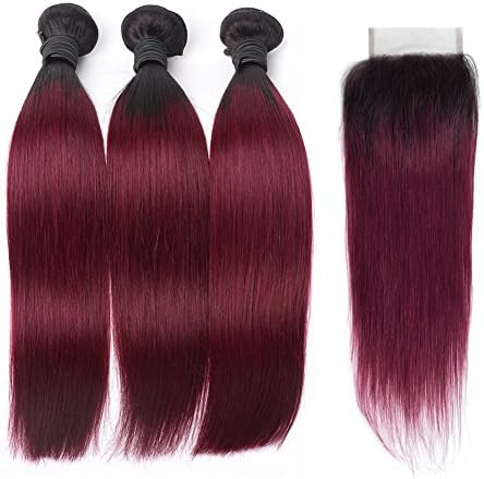 HC Hair Peruvian Omber Hair Straight Human Hair 3 Bundles With Lace Closure Free Part #1B/99J Hair Extensions Burgundy Virgin Human Hair Bundles (26 26 26 with 20inch)