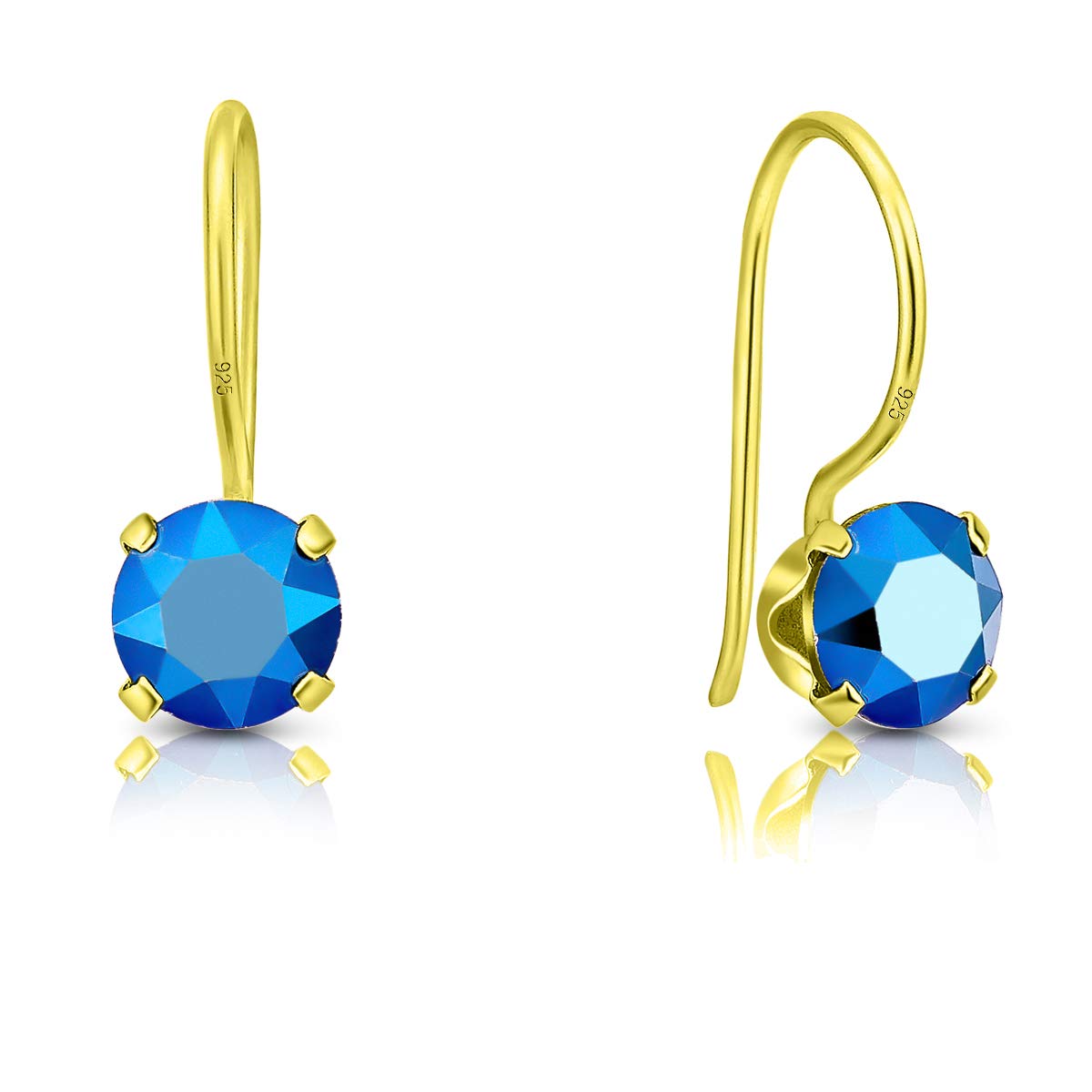 DTPSilver - 925 Sterling Silver Yellow Gold Plated Round Fixed Hook Earrings made with Glittering Crystals from Swarovski® Elements - Diameter: 6 mm - Colour : Metalic Blue