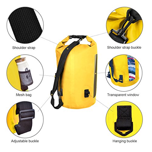 Dry Bag - Waterproof Roll Top Dry Sack with Transparent Window, Exterior Zip Pocket, Long Shoulder Strap for Kayaking, Rafting, Canoeing & Fishing - Waterproof Phone Case Included (dark yellow, 10L)