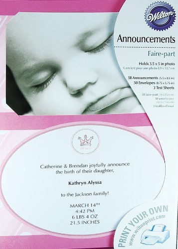 Wilton Pink Little Princess Baby Girl Birth Announcements 50 Sets